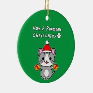 Décoration En Céramique Avoir un Noël Pawesome - Chat Gris Tabby