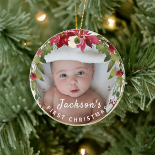 Décoration En Céramique Baby Boy 1er Noël Holly Wreath Photo Keepsaké