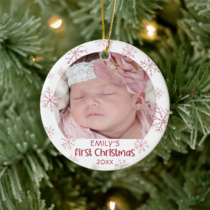Décoration En Céramique Baby First Christmas Pink Snowflake Girl Name