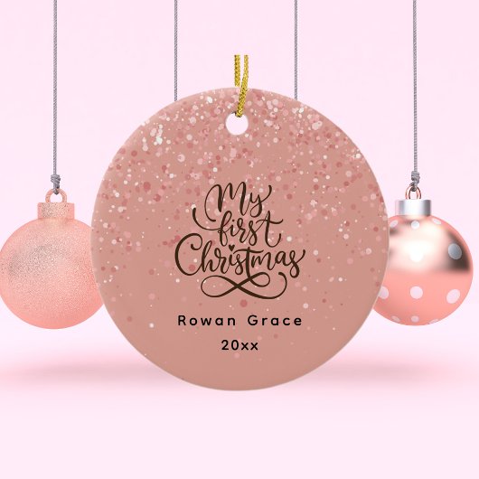 Décoration En Céramique Baby Girl First Christmas Custom Name Pink Minimal