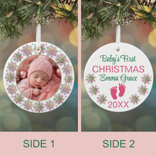 Décoration En Céramique Baby Girls First Christmas Photo Pink Snowflakes