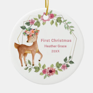 Décoration En Céramique Babys First Christmas Girls Deer Personnalisé