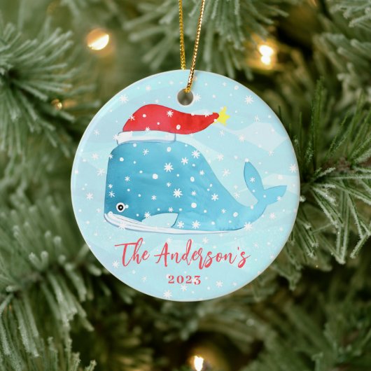 Décoration En Céramique Baleine d'aquarelle avec Santa Hat Noël côtier (Arbre)