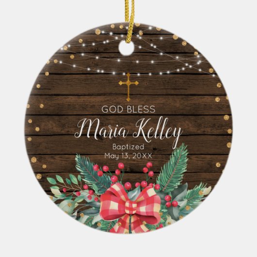 Décoration En Céramique Baptême rustique de fille en bois (Devant)