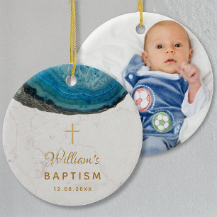 Décoration En Céramique Baptisé Boy Photo Geode Bleu Marble Gold Cross