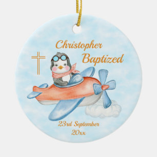Décoration En Céramique Baptism Watercolor Baby Penguin Airplane