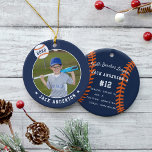 Décoration En Céramique Base-ball de Personalized<br><div class="desc">Commémorez une saison fantastique pour votre joueur de baseball préféré avec cet ornement personnalisé cool dans une couleur bleu marine et orange. Personnalisez le front avec la photo, le nom et l'année du joueur, et ajoutez plus de détails à l'arrière, y compris le nom de l'équipe ou de la ligue,...</div>