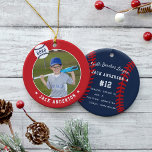 Décoration En Céramique Base-ball de Personalized<br><div class="desc">Commémorez une saison fantastique pour votre joueur de baseball préféré avec cet ornement personnalisé cool dans une couleur bleu marine et rouge. Personnalisez le front avec la photo, le nom et l'année du joueur, et ajoutez plus de détails à l'arrière, y compris le nom de l'équipe ou de la ligue,...</div>