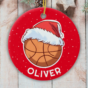Décoration En Céramique Basket Ball Rouge Père Noël Nom de l'enfant