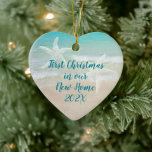 Décoration En Céramique Beach New Home First Christmas Starfish<br><div class="desc">First Christmas in a tropical / beach home ornament. Heart-shaped ceramic keepsake with text on both sides. Include the event with date on one side and names and address on the other. Aquamarine sea water and beach sand is the background for dark blue text. Two starfish also decorate each side....</div>