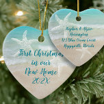 Décoration En Céramique Beach New Home First Christmas Starfish<br><div class="desc">First Christmas in a tropical / beach home ornament. Heart-shaped ceramic keepsake with text on both sides. Include the event with date on one side and names and address on the other. Aquamarine sea water and beach sand is the background for dark blue text. Two starfish also decorate each side....</div>