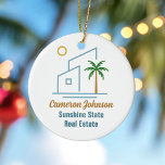 Décoration En Céramique Beach Real Estate Company Cute Custom Christmas<br><div class="desc">Cette jolie maison tropicale de l'immobilier de Noël ornament une maison de plage bleue moderne avec un palmier côtier cool et le soleil de l'île. Customisez ce cadeau marketing avec votre agent et votre nom commercial immobilier pour un courtier le long de la côte.</div>