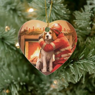 Décoration En Céramique Beagle Noël, cadeau pour l'amoureux des pompiers d