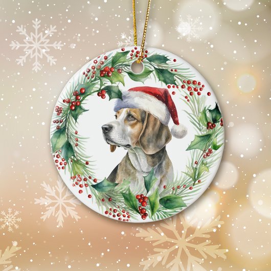 Décoration En Céramique Beagle Santa Hat Holly Wreath Noël