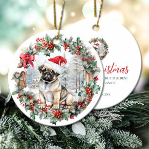 Décoration En Céramique Beau chapeau de Noël chien chiot chien carlin de N