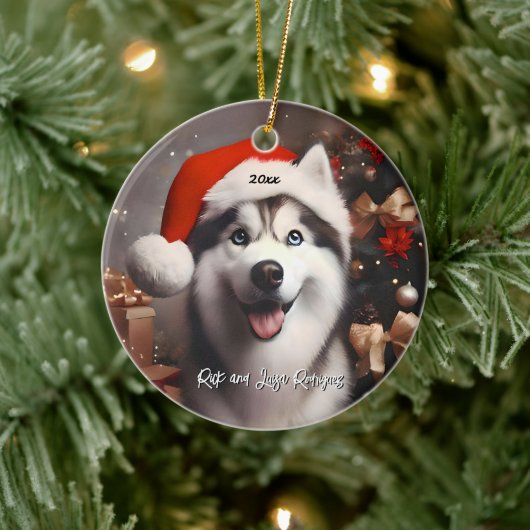 Décoration En Céramique Beau Husky Sibérien avec Santa Hat (Arbre)
