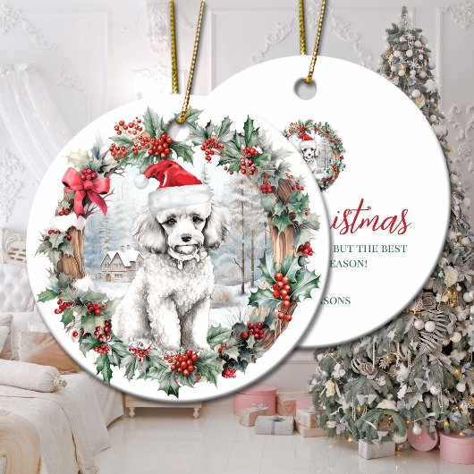 Décoration En Céramique Beau Noël blanc caniche chiot chien chien chapeau