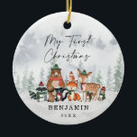 Décoration En Céramique Bébé 1er Noël Snowy Winter Woodland<br><div class="desc">Cet adorable ornement de Noël est composé d'un groupe d'animaux de bois mignons et d'un paysage forestier gelé dans des couleurs de vacances élégamment muettes</div>