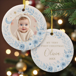 Décoration En Céramique Bébé Bleu Céleste Premier Noël Photo