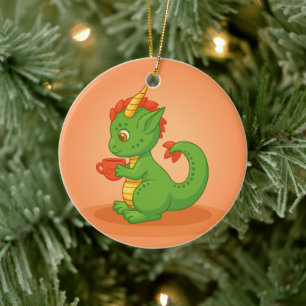Décoration En Céramique Bébé dragon mignon tenant une tasse sur orange