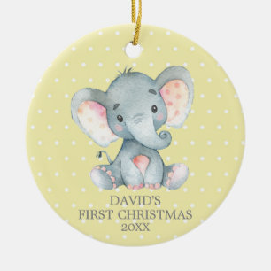 Décoration En Céramique Bébé Eléphant mignon Premier Noël Jaune et gri