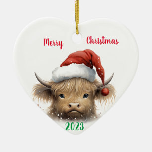 Décoration En Céramique Bébé Highland Cow avec chapeau de Père Noël
