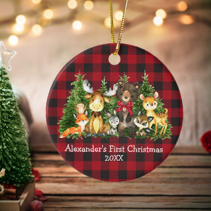 Décoration En Céramique Bébé Première Forêt de Noël Animaux Bow Rouge Plai