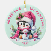 Décoration En Céramique Bébés 1er Noël Personnalisé Pingouin Mint Rose Cut (Dos)