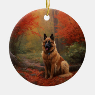 Décoration En Céramique Berger Belge dans les feuilles d'automne qui tombe