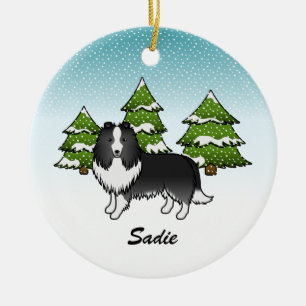 Décoration En Céramique Bi-Black Sheltie Dessin Chien En Hiver & Nom
