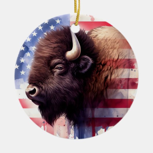 Décoration En Céramique Bison avec drapeau des États-Unis d'Amérique (Devant)