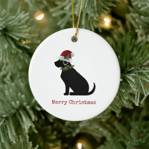 Décoration En Céramique Black Lab Chien Joyeux Noël Santa Hat Holly Fun