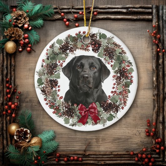 Décoration En Céramique Black Lab Red Bow Pinecone Wreath Personnalisé