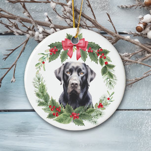 Décoration En Céramique Black Lab Retriever Red Bow Holly Wreath Cerise