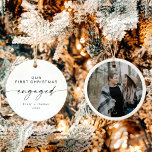 Décoration En Céramique BLAIR Moderne Minimal 1er Noël Fêtes Engagées<br><div class="desc">Cet ornement de Noël dispose d'une police de caractères manuscrite élégante et d'un design minimaliste moderne avec une photo à l'arrière. Changez facilement le nom,  la date et la personnaliser en ajoutant votre propre photo pour une touche personnelle.</div>