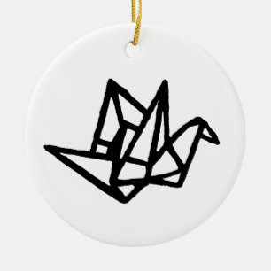 Décoration En Céramique Blanc et noir - Origami Papier Grue Linocut