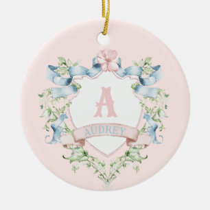 Décoration En Céramique Bleu et rose Grandmillennial Ribbon Crest