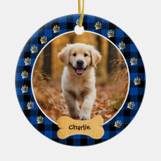 Décoration En Céramique Blue Buffalo Plaid Motif Gold Pet Print Family