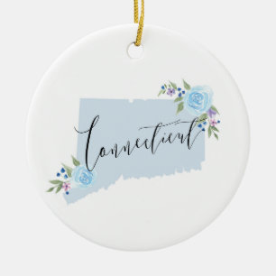 Décoration En Céramique Blue Connecticut Floral State Map Art