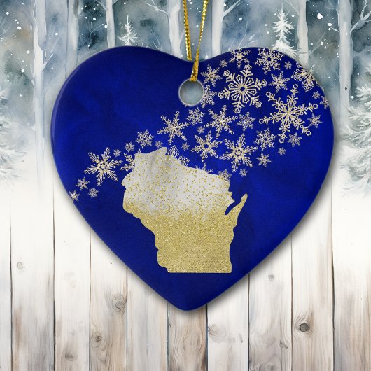 Décoration En Céramique Blue Gold Snowflake Wisconsin Heart