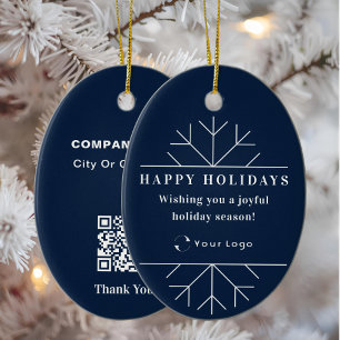 Décoration En Céramique Blue Modern Christmas Business Logo QR code Chic