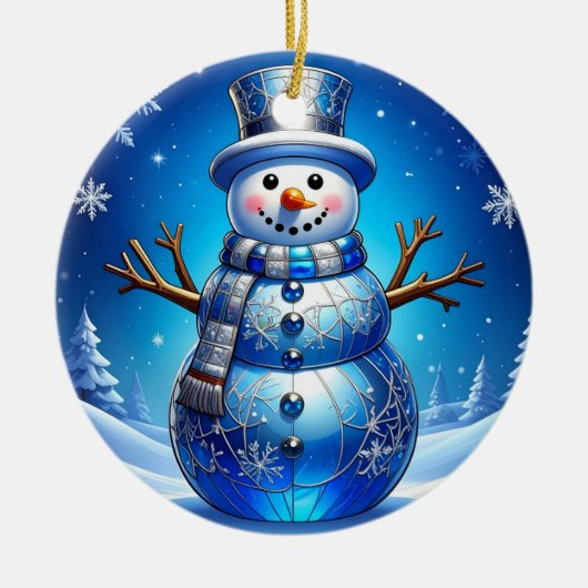 Décoration En Céramique Blue Snowman Snowflakes Holiday Ornament (Devant)