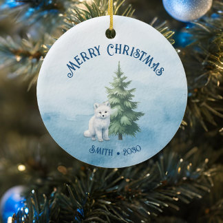 Décoration En Céramique Bois et renard arctique Noël bleu