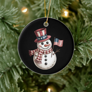 Décoration En Céramique Bonhomme de neige de Noël Drapeau USA Noël neige p