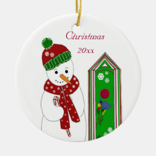 Décoration En Céramique Bonhomme de neige joyeux et maison d'oiseau