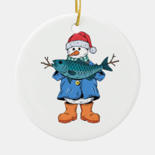 Décoration En Céramique Bonhomme de neige Pêcheur Noël 2026 Vacances Pêche