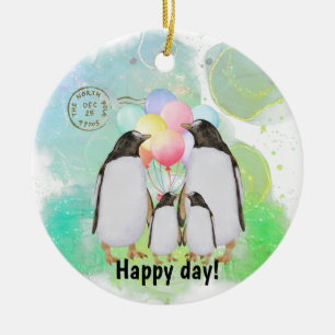 Décoration En Céramique Bonne famille de pingouins avec ballons colorés