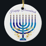 Décoration En Céramique Bonne Hanoukka menorah jaune bougies or<br><div class="desc">dessin à la main Happy Hanoukka bleu et jaune ornement Menorah. Customisez le message.</div>