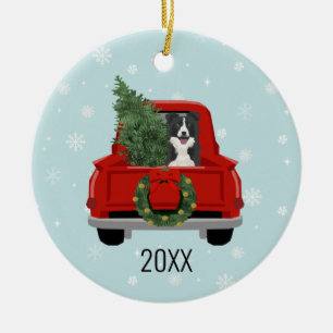 Décoration En Céramique Bordure Collie Chariot rouge Noël