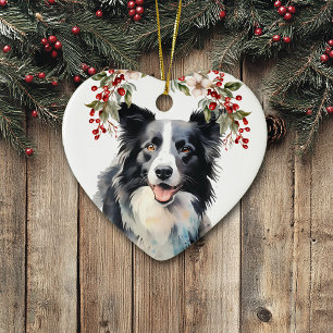 Décoration En Céramique Bordure Collie Chien Holly Berry Noël